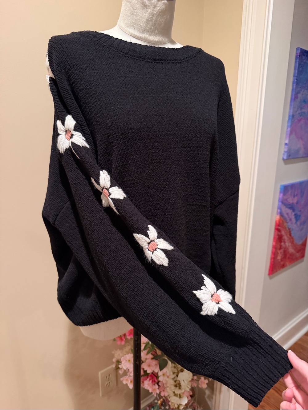 Lola Studio Black Floral-Applique Women's Sweater